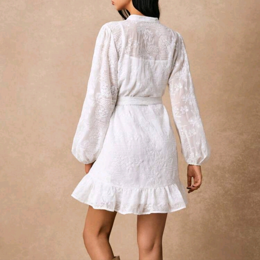 Women Elegant Solid Color Embroidered V-Neck Lantern Sleeve Short Dress - Picture 3 of 4